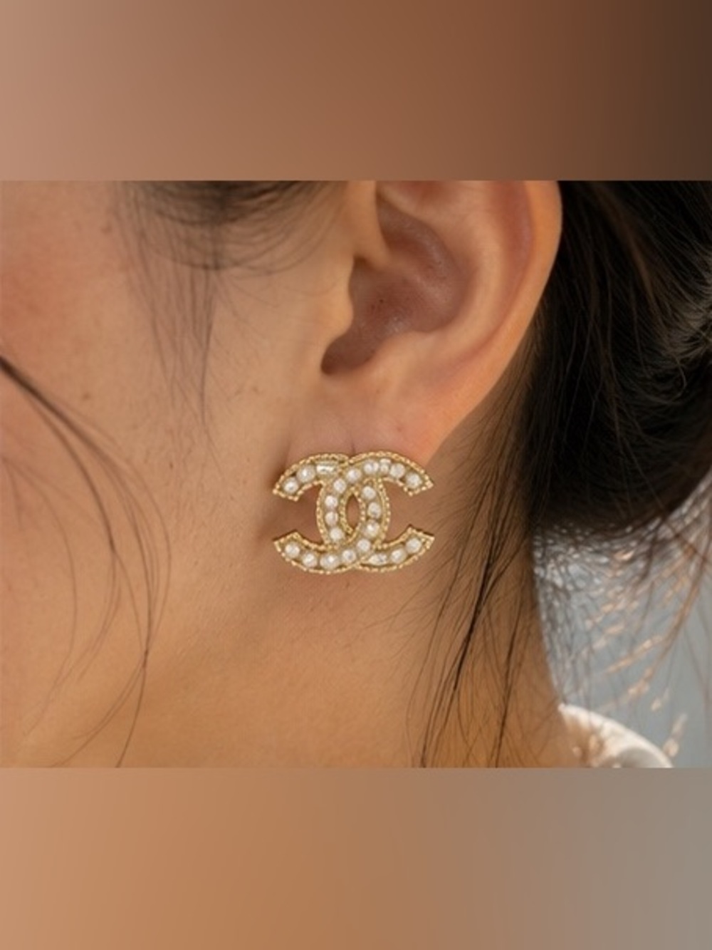 Gold Tone Pearl & Crystal CC Style Stud Earrings - Picture 4 of 8